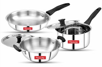 Butterfly Classic Stainless Steel Cookware 5 Pcs Set|Fry Pan 22Cm(1.4L)|Kadai 22Cm(2.2L)|Saucepan 16Cm(1.6L) with Steel Lids|Induction Base,Triply Bottom|Even,Fast Cooking with Less Oil,Silver