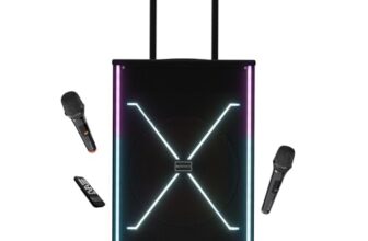 Zebronics 120W Party Trolley DJ Speaker, Upto 5h Playback, Dual UHF Mic, Karaoke, Full-Range 30.48cm Driver, TWS, 6.3mm Mic & Guitar in, Bluetooth, USB, AUX, RGB, LED Display (Party Fyre 400)