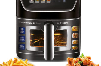 KENT Ultra Digital Air Fryer 5L | 1500W | Bake, Grill & Roast | Up to 80% Less Oil Usage |8 Preset Menu|Rapid Heat Circulation |Digital Display & Touch Control Panel |Glass Window with in built Light Air Fryer(5 L)