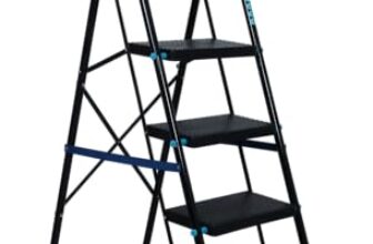 Plantex Stylo Heavy-Duty Mild-Steel Folding 5 Step Ladder for Home with Advanced Locking System/Wide Anti-Skid Step Ladder (Black & Blue)