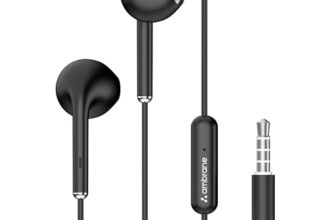 Ambrane Wired in Earphones with in-line Mic for Clear Calling, 14mm Dynamic Drivers for BoostedBass™, 3.5mm Jack, Multi-Functional Controller (Stringz 38 Lite, Black)