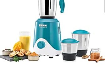 USHA Speed Master 500W with 3 Jars, 100% Copper Motor, 4-fin techno blades for finer grinding, SS Jars with flow breakers, 20000+ RPM, 5 Years Warranty on Motor (Blue and White)