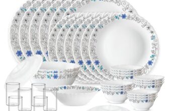 Larah by Borosil Silk Series Blue Iris Opalware Dinner Set with Vision Glass | 35pcs for Family of 6 | Microwave & Dishwasher Safe | Bone-Ash Free | Crockery for Dining & Gifting | White, Plate & Bowl