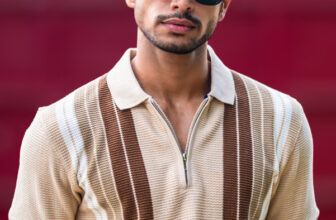 MANIAC Striped Men Zip Neck Beige T-Shirt