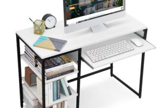ABOUT SPACE Computer Table with 3 Tier Bottom Storage & Keyboard Tray – Modern Tabletop Office Desk for PC Laptop, Study, Writing, Gaming Open Bookshelf with Storage [L100 x B45 x H75 cm]White – Matte