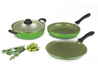 Alda Non Stick Cookware Set of 4 (Wok with Lid, Fry Pan, Crepe Pan) – Olive 3mm Induction Friendly, 1 Year Warranty