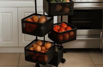 HomeGrits 5-Layer Revolving Square Storage Trolley – Black Metal Swinging Basket Rack with Wheels – Space-Saving Square Organizer for Kitchen, Bathroom, Office & Home Essentials