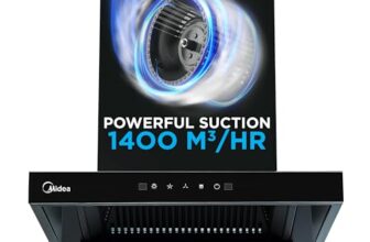 Midea 60 cm 1400 m3/hr Filter-less, Autoclean, Motion Sensor, T Shape kitchen Chimney with 2 Yrs Product and 10 Yrs Motor Warranty, Free Installation Kit (Falcon Auto Clean), Black