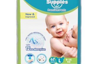 Amazon Brand – Supples Premium Baby Diaper Pants | 62 Baby Diapers | Large | 9-14 Kg | 12 Hrs Absorption | Cushiony Cotton Soft Fabric | Phthalates-Free | Triple Leak Guard
