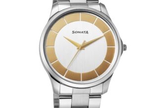 Sonata Traditional Essentials Quartz Silver Gold Round Dial Men’s Watch | Analog Watch | Watches for Men Analog – 77163SM01W