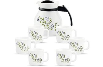 La Opala Novo Collection Opal Glass Crockery | Coffee Set 7 pcs | Coffee Mug with Coffee Pot, Lush Greens | for Tea & Coffee | Microwave Safe | 100% Vegetarian | Extra Strong | Light & White