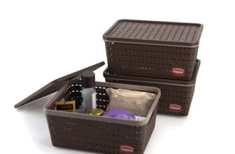 Nayasa Gloria Basket for Storage | Vegetable & Fruit Basket | Storage Box and Organiser Plastic Basket With Lid | Multipurpose Kitchen Organizer Rack | Medium – Set of 3 | DarkBrown
