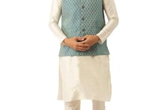 SOJANYA (Since 1958 Men’s Silk Blend Off White Kurta Pyjama & PeacockBlue Self Design Nehru Jacket Combo