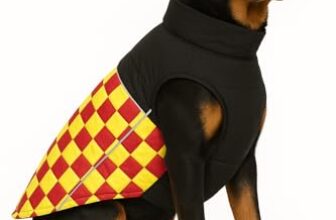 The Pets Company Dog Winter Coat Jacket, Clothes, Windproof, Waterproof, Light Weight, Washable, Ultra Warm Thick Fleece Lined Dog Vest for Cold Weather Protection, (Yellow Check, X-Large – 28 Inch)