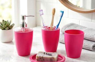 Go Hooked 4-Piece Bathroom Accessories Set with Soap Dispenser, Toothbrush Holder, Tumbler & Soap Dish | Premium Plastic Bath Set | Modern Stylish Washroom Organizer Kit (Pink)
