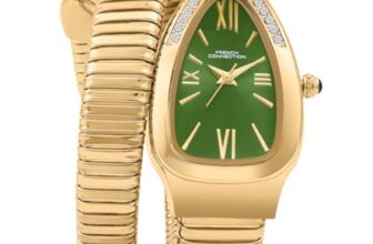 French Connection Eternelle Curve | Green Dial with Rose Gold Case | Flexible Wrap Bracelet Strap | Crystal Accent Design | Roman Numerals Analog Watch for Women – FCN0142NGM