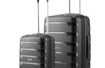 SNITCH Layer 2Pc Set Black Polypropylene Hard Travel Suitcase – Trolley Bag Set of 2 & Luggage with 8 Wheels, Premium Lock, Wet & Dry Pouch & Free Shoe Bag