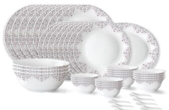 Larah by Borosil Lark Fluted Series Opalware Dinner Set | 44 Pieces for Family of 8 | Microwave & Dishwasher Safe | Bone-Ash Free | Crockery Set for Dining & Gifting | Plates & Bowls | White