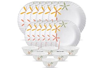 La Opala Novo Collection Opal Glass Crockery | for Family of 6 | Dinner Set 18 pcs Autumn Flower | Plates & Bowls for Dining | Microwave Safe | 100% Vegetarian | Extra Strong | Light & White