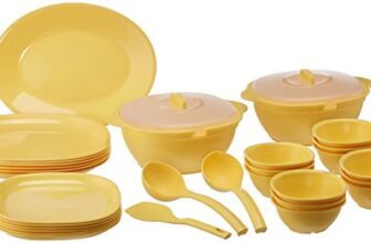SignoraWare BPA Free Plastic Square Dinner Set | Microwave Safe | Unbreakable & Lightweight | Odor-Free | Great for Parties & Gatherings | Ideal for Regular Home Meals (Set of 32 pcs | Yellow)