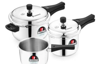 Bergner Sorrento Stainless Steel Outer Lid Pressure Cooker Combo – 5 Liters Cooker, 2 Litres and 3 Litres Cooker with a Common Lid, Heavy Bottom, Healthy Cooking – Induction and Gas Stove Ready