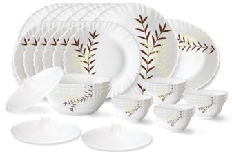 Larah by Borosil Oak Fluted Series Opalware Dinner Set | 31 Pieces for Family of 6 | Microwave & Dishwasher Safe | Bone-Ash Free | Crockery Set for Dining & Gifting | Plates & Bowls | White