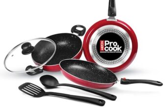 Milton Pro Cook Induction Cookware & Gas Stove Friendly Kitchen Jewel Set | 5 Pc Non-Stick Cookware Set | Kadhai with Lid, Fry Pan, Tawa, Laddle & Spatula | Durable 5-Layer Non Stick Coating | Maroon