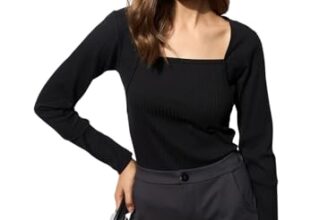 barcino Rib Stitch Square Neck Full Sleeves Top Black
