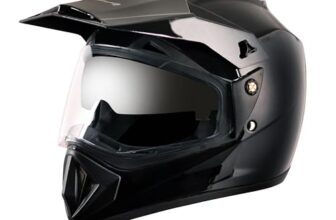Vega Off Road ISI Certified Gloss Finish Full Face Dual Visor with Peak Helmet for Men and Women Outer Clear Visor and Inner Smoke Sun Visor(Black, Size:M)