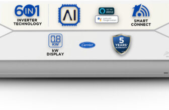 CARRIER 2026 Model 1 Ton 3 Star Split AI Inverter with Wi-fi Convertible 6-in-1 with Wi-Fi with Geo-Fencing & Voice Control,Smart Energy Display, Insta Cool, Auto Defrost Clean AC(CAI12EE3R36W0, White)