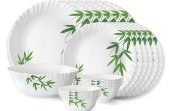 Larah by Borosil Bamboo Leaves Fluted Series Opalware Dinner Set | 19 Pieces for Family of 6 | Microwave & Dishwasher Safe | Bone-Ash Free | Crockery Set for Dining & Gifting | Plates & Bowls | White