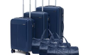 VLITE Megatron 6-Piece Family Set – 3 Duffle Bags + 3 Trolley Suitcases, Unbreakable Polypropylene Luggage, 8 Spinner Wheels, Built-in Number Lock, 3-Year Warranty (Set of 6 with Duffels, Navy)
