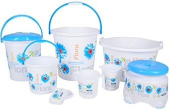 Nayasa Flora 8 Piece Bathroom Accessories Set, Complete Plastic Bathroom Utility Combo with Bucket, Mug and Daily Use Essentials for Home, Blue