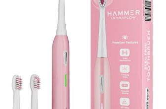 Hammer Ultra Flow Electric Toothbrush and 3 Replaceable Brush Heads for Men and Women, 6 Brushing Modes, Rechargeable Battery, Waterproof, 31000 Strokes per Minute, Super-Soft Bristles, Electric Toothbrush (Pink)