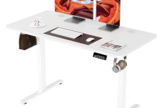 ERGOMAKER Electric Standing Desk 120x60cm (47.2″x23.6″), Height Adjustable Sit Stand Desk with Splice Board for Home Office, Computer Desk Memory Preset (White Frame + White Desktop)