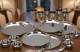 E – Ezra Stainless Steel Solid Heavy Mirror Finish Dinner Set of 24 Pcs (6 Plate, 6 Bowl/Wati, 6 Glass, 6 Spoon), Silver Dinning Set