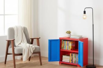 Cello Novelty Compact Bookshelf, Red & Blue | 2 Dustproof Doors | Space Saving Cupboard | Plastic Book Shelf | Multipurpose Book Shelf for Home, Office | Book Organizer for Library