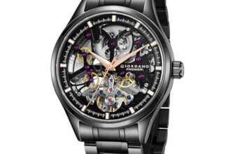 Giordano Premier Automatic Watch for Men with Skeleton Round Black Dial, Luminous Hands and Markers, Black Stainless Steel Strap – GZ-50225-11