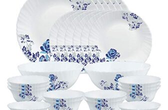 Larah by Borosil Blue Cascade Opalware Dinner Set, 28 Pcs, White