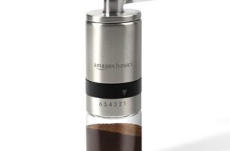 Amazon Basics Manual Coffee Grinder with Ceramic Burr & 6 Adjustable Grind Settings, Glass Jar & Stainless Steel Body, Portable & Lightweight, Ideal for Espresso, French Press, Cold Brew, Silver