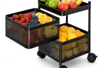 Homeor 2 Layer Kitchen Trolley with Wheels | 360° Rotating Metal Storage Rack for Vegetables, Fruits, Onion & Spices | Square Multipurpose Kitchen Organizer Stand | Metal Kitchen Trolley, Matte Black