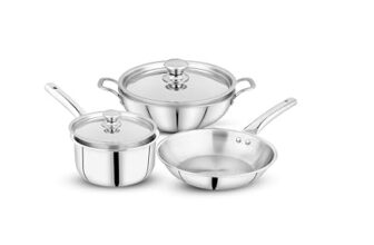 Pigeon Trinity Triply 5 Pc Stainless Steel Cookware Set – Kadai 2.1 LTR with Lid | Fry Pan 1.2Ltr | Saucepan 1.7Ltr with Lid |Induction & Gas Stove Compatible | ISI Certified.