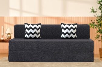 uberlyfe 3 Seater Sofa Cum Bed | 1 Year Warranty | Foldable Sofacum Bed | 15″ Sofa Height| 2 Cushions Zigzag Pattern |Jute Finish Fabric, Dark Grey | 5′ X 6′ Feet