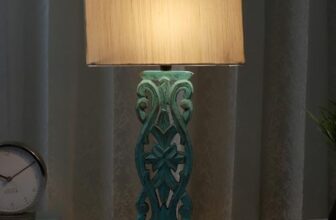 tu casa Wooden Rustic Aqua French Cut Bedside Table Lamp with Off White Cotton Shade for Home Decoration Bedroom Living Room Lounge Office Festival Gifting Study Table H – 21″ / No Blub