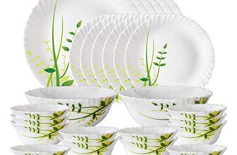 Larah by Borosil Green Herbs Opalware Dinner Set, 28 Pcs, White