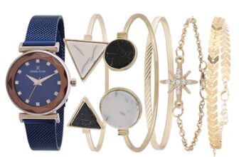 Daniel Klein Stainless Steel Blue Dial Analog Gift Set Watch with Bracelet for Women (Pack of 6) – DKG002-1
