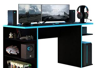 Madesa Large Modern Gaming Computer Desk 53 Inch with 5 Shelves Cable Management Student Study Wooden Table Home Office Gamer Desk for Kids and Adults – Black/Blue