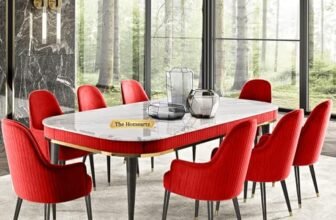 The Homeartz 8-Seater Modern Wooden Dining Table Set | 2 Year Warranty | Created Italian Statuario Marble Top | Elegant Composite Marble Table with 8 Chairs (Maroon)