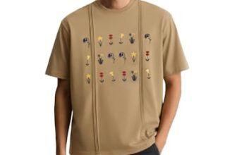 The Indian Garage Co Men Relaxed Fit Half Sleeves Embroidered Crew Neck T-Shirt (Beige_L)