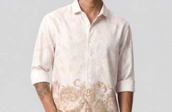 SANBROS Men Printed Casual Cream, Beige Shirt